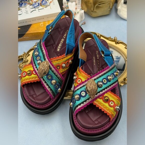 🆕 KURT GEIGER LONDON 🧿 NWOB Orson Cross Scallop Sandal Purple Multi Sz 37 US 7 - Picture 12 of 14